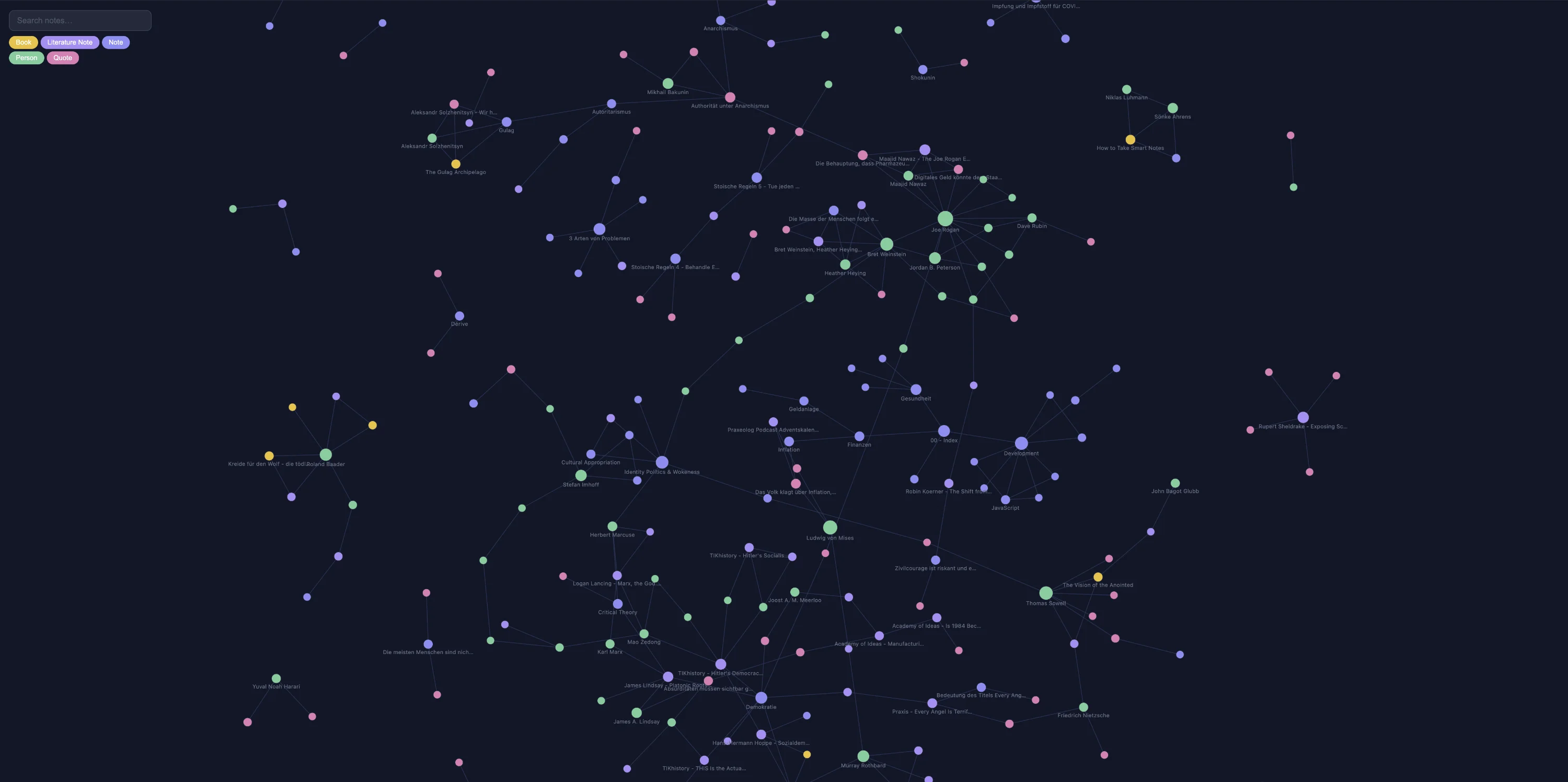 A custom D3 force-directed graph visualization of an Obsidian vault showing interconnected notes as color-coded nodes